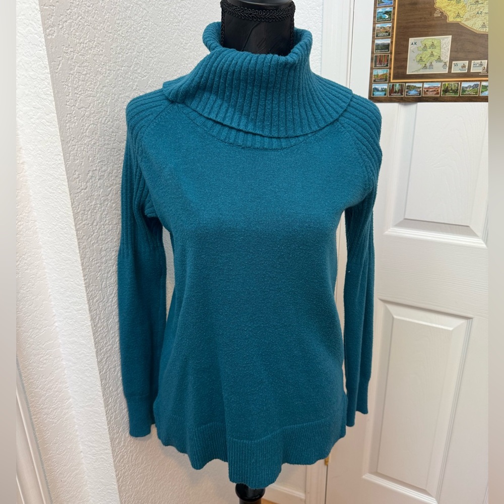 teal turtleneck sweater
